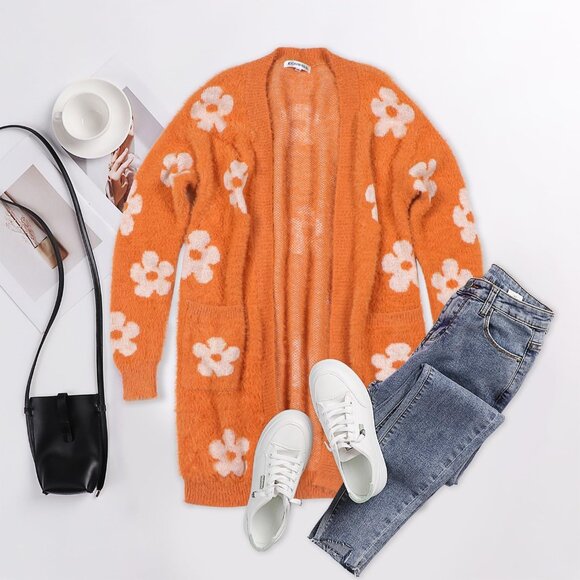 Women's Wool Blend Long Cardigan Sweater with Floral and Stripes Casual Wear - Picture 8 of 8